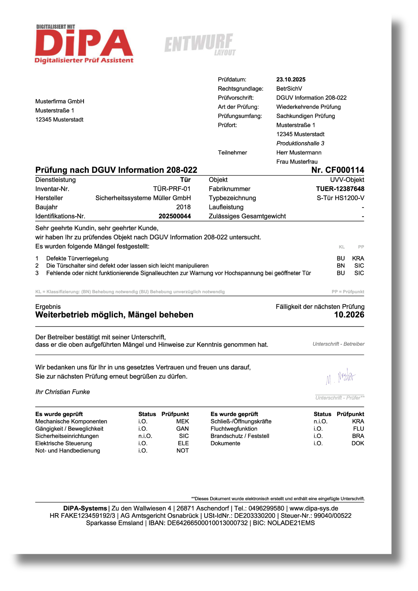 DiPA Musterbericht – Türen - DGUV Information 208-022 Muster eines digitalen Prüfberichts im A4-Format aus der DiPA Anwendung