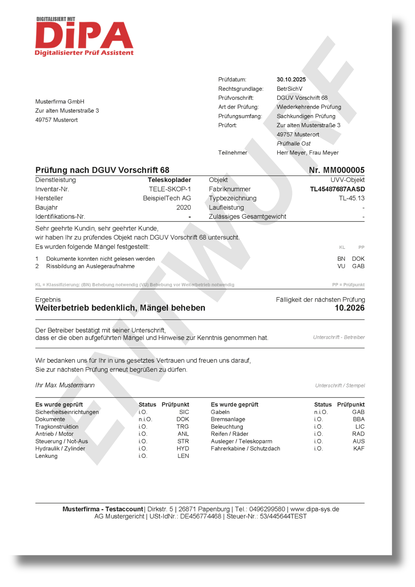 Prüfung an Teleskoplader - Prüfung nach DGUV Vorschrift 68