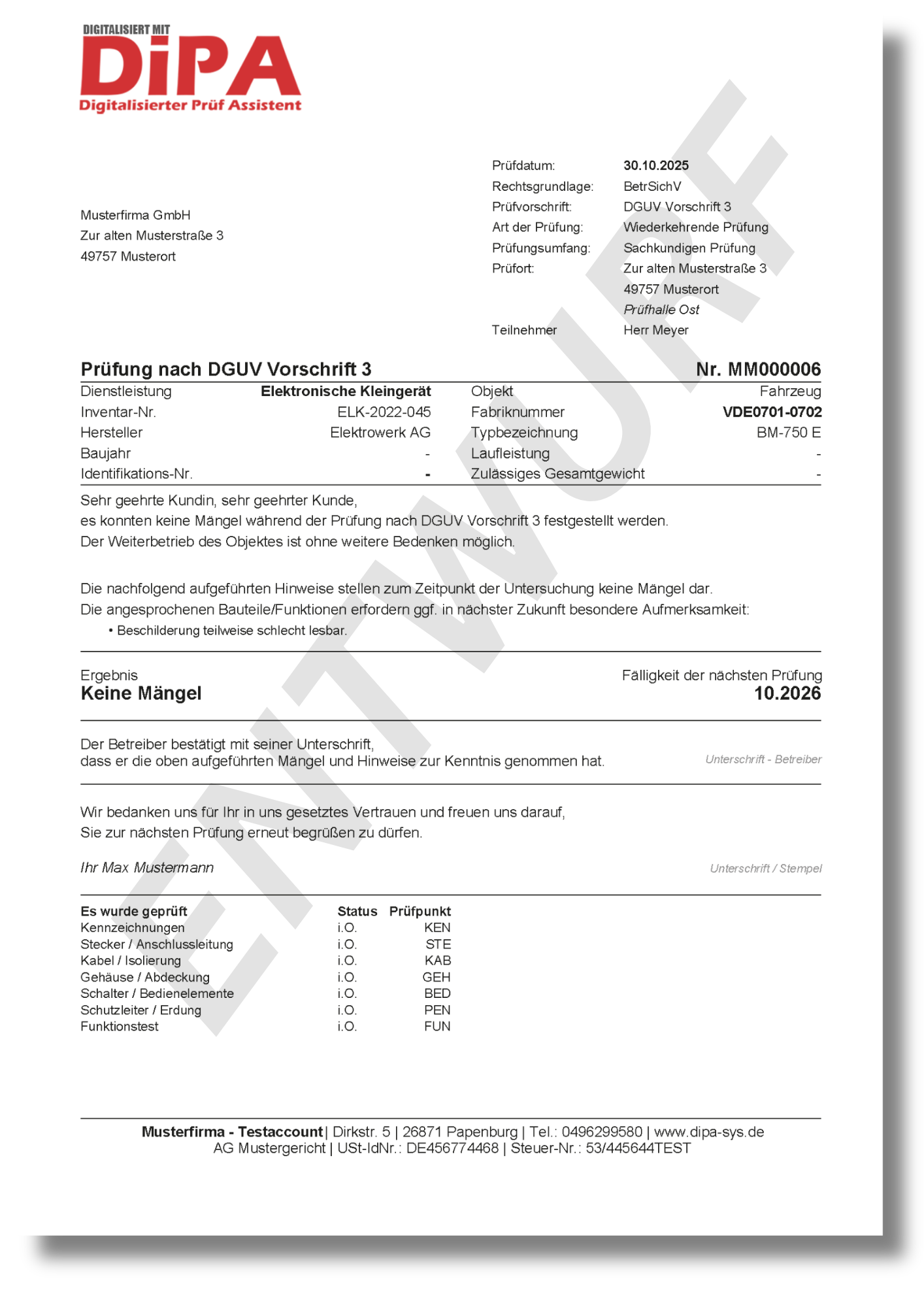 Prüfung nach DGUV Vorschrift 3 Musterbericht: Prüfung nach DGUV Vorschrift 3 - Elektrische Kleingeräte
