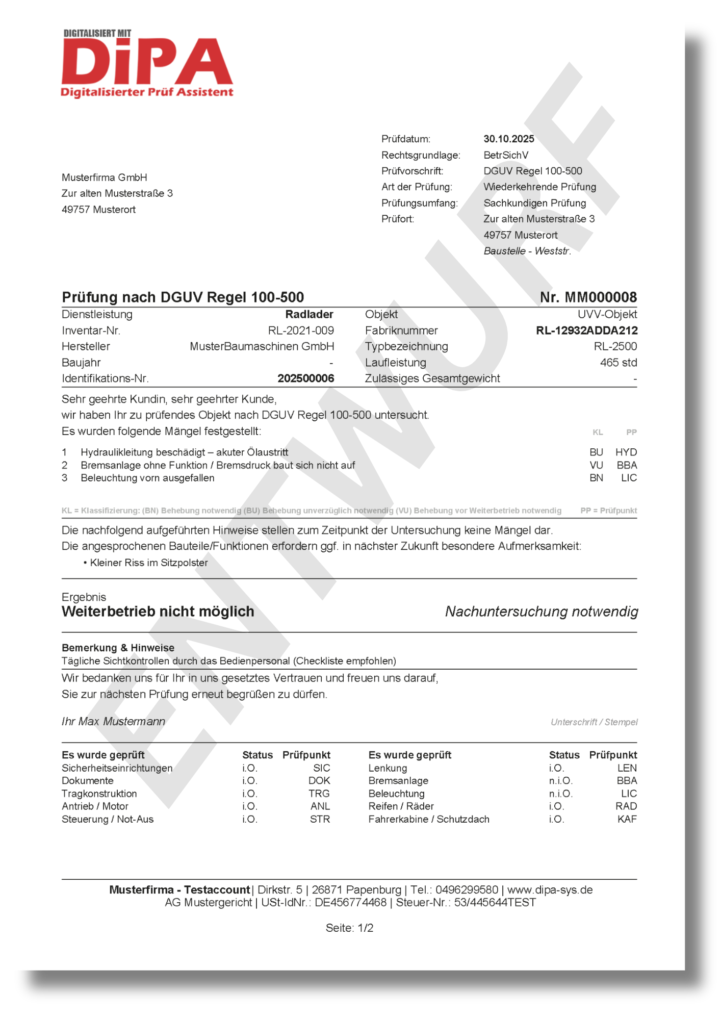 DGUV-konformer Prüfbericht - Prüfung nach DGUV Regel 100-500 UVV Prüfung Baumaschine