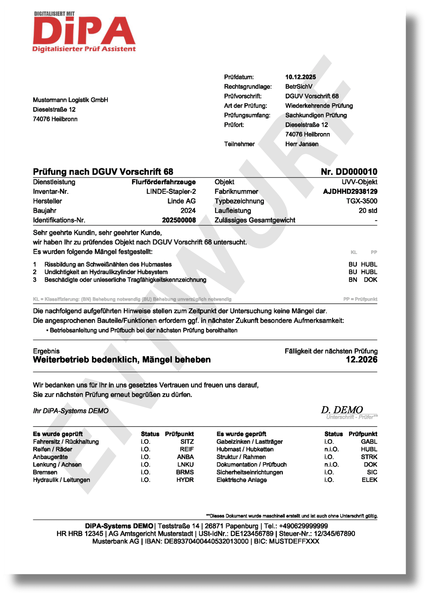 Prüfbericht - Entwurf für Gabelstapler