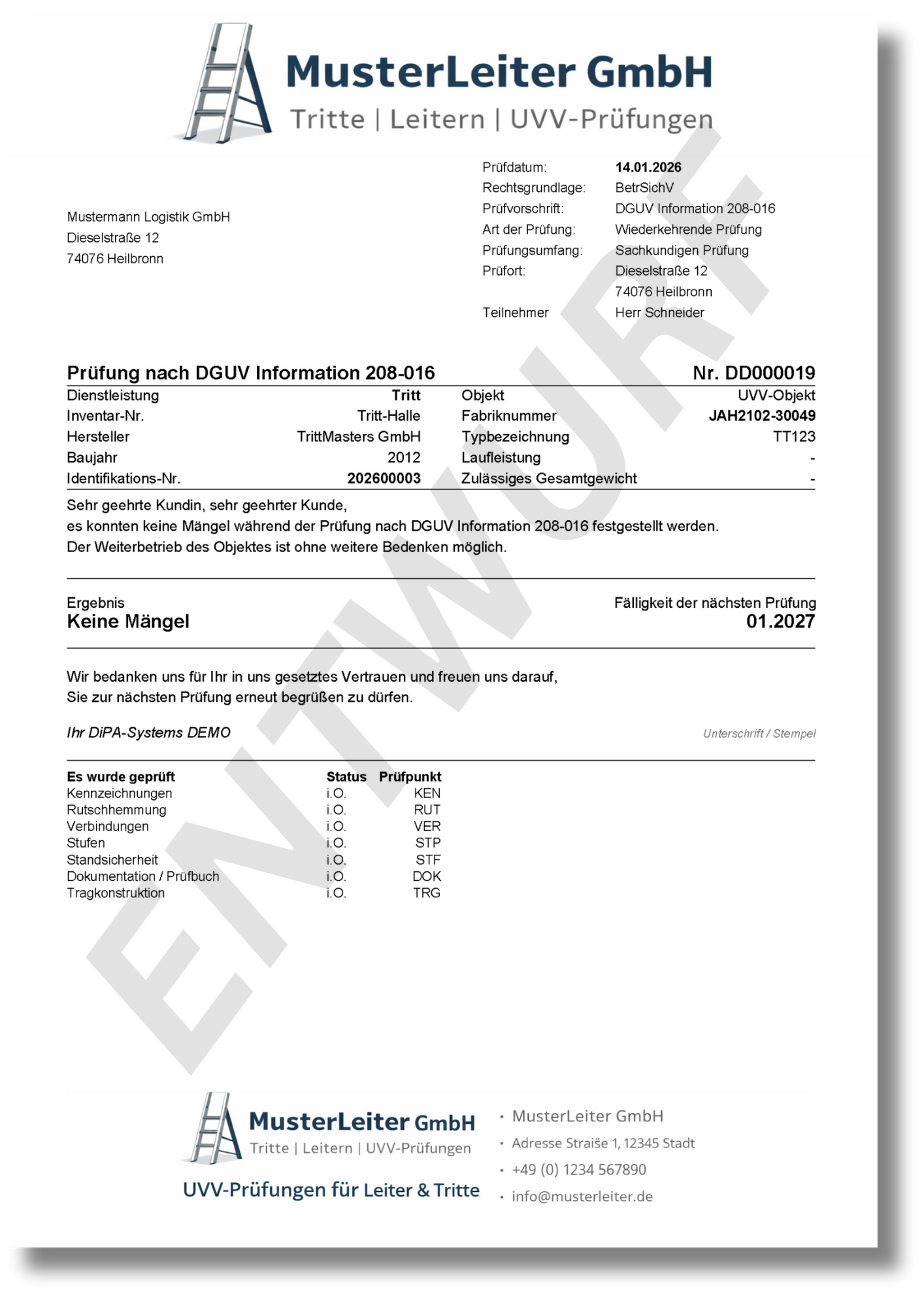 UVV-Prüfbericht der MusterLeiter GmbH für Leitern und Tritte mit Ergebnis keine Mängel nach DGUV Information 208-016