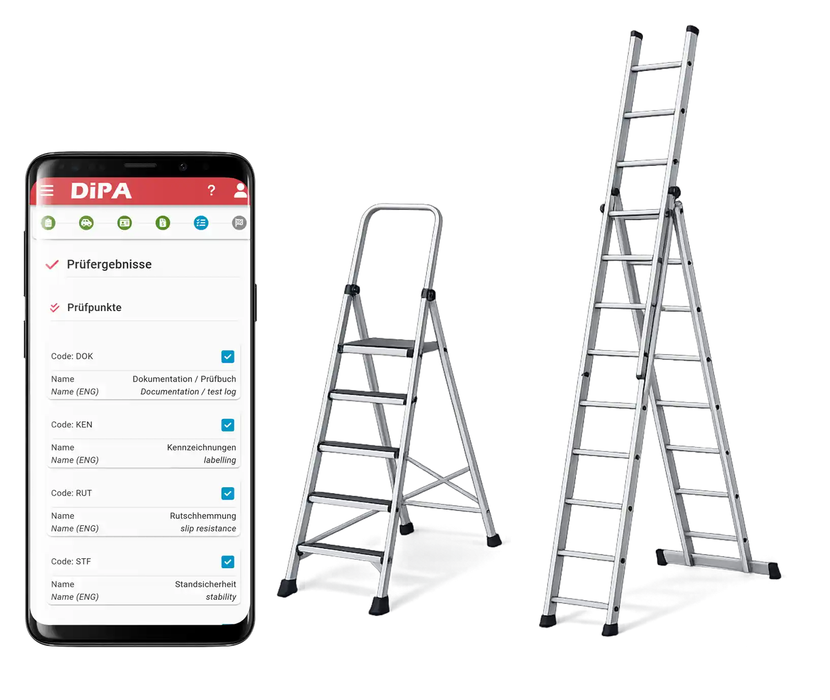 UVV Prüfung von Leitern und Tritten mit DiPA App auf dem Smartphone und freistehenden Aluleitern im Hintergrund