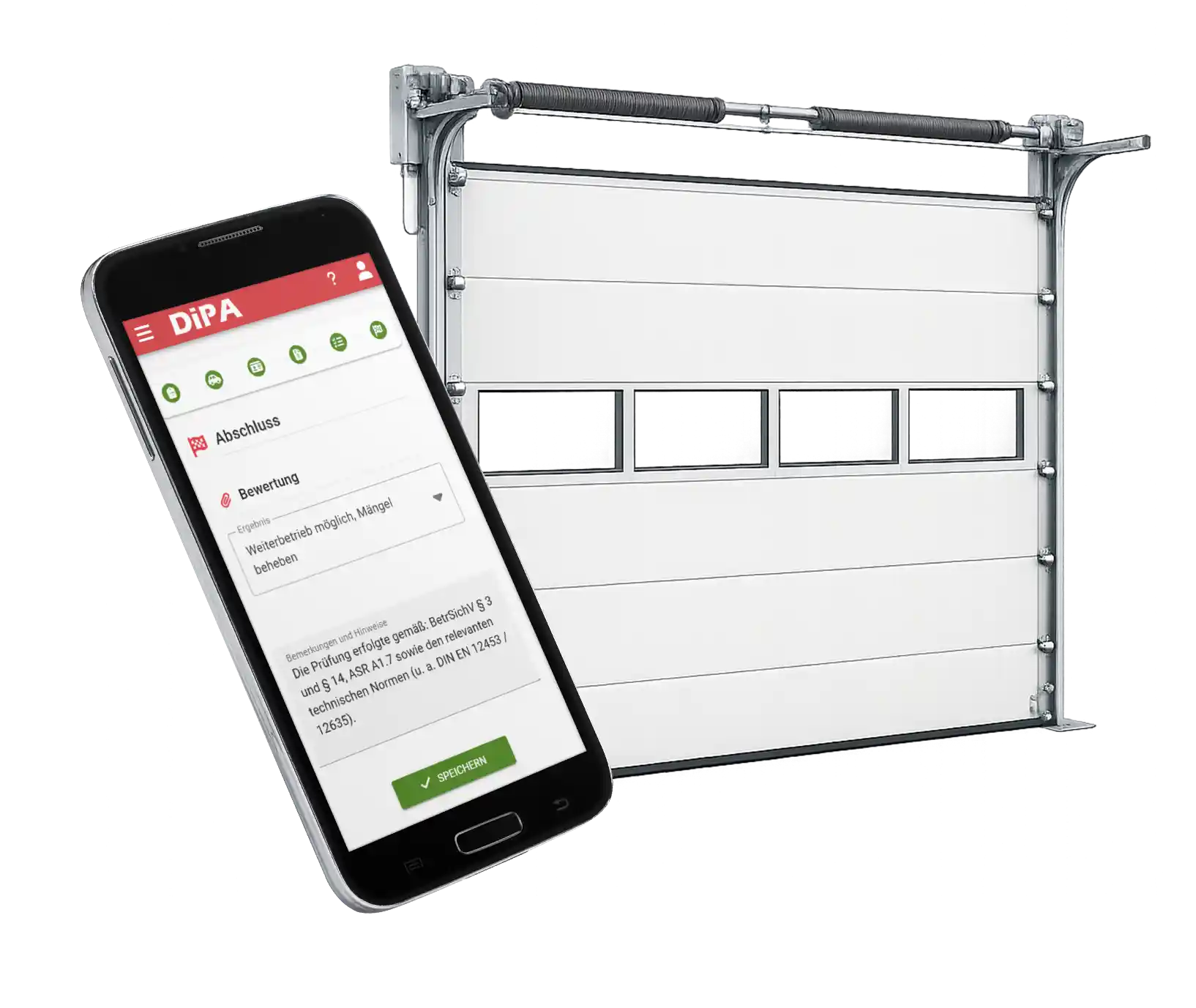 Industrielles Sektionaltor mit DiPA App auf Smartphone zur digitalen UVV Prüfung von Türen und Toren