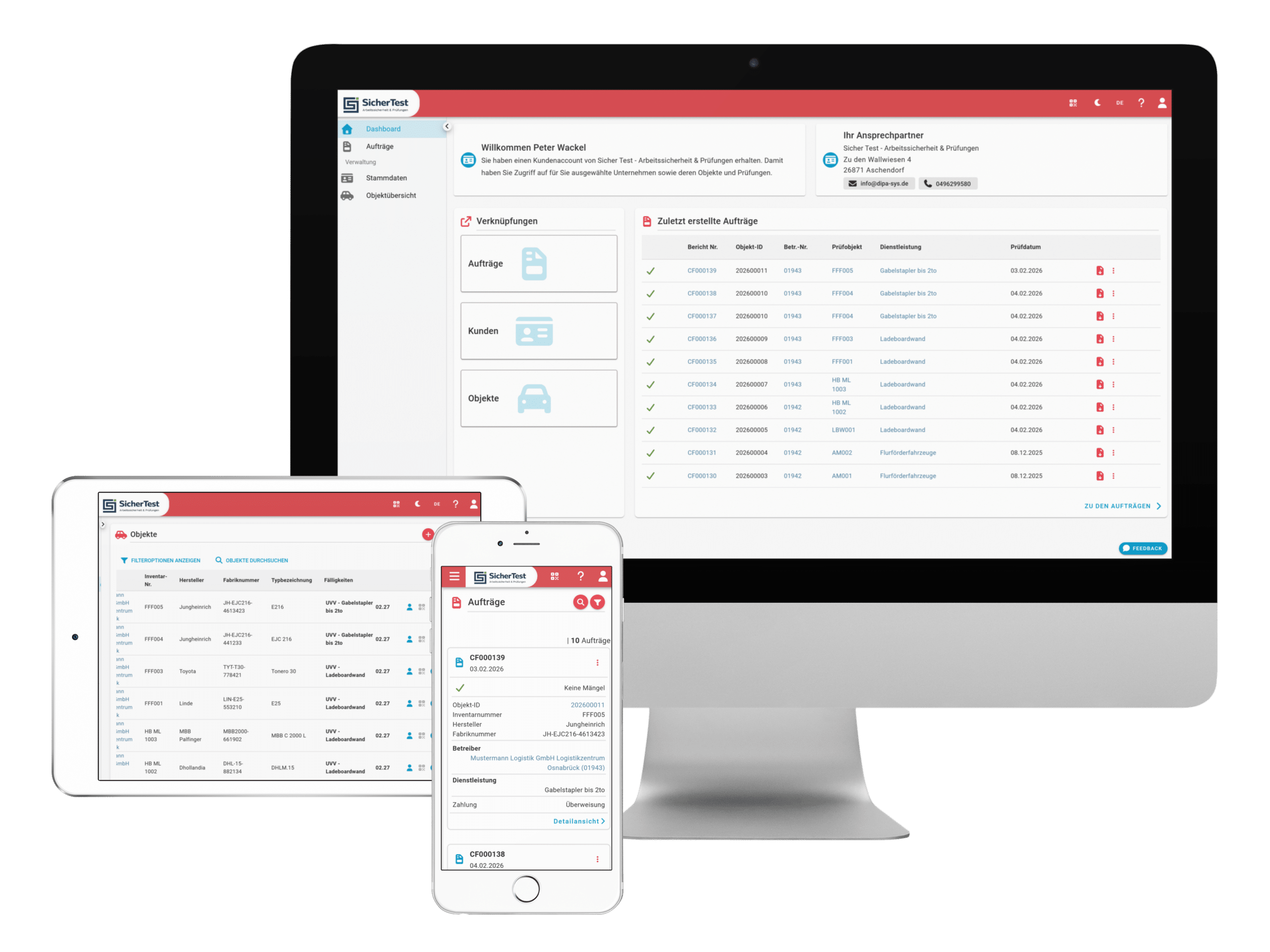 Screenshot des DiPA Kundenportals mit Dashboard Ansicht auf Desktop, Tablet und Smartphone zur Verwaltung von Prüfberichten und DGUV Dokumenten