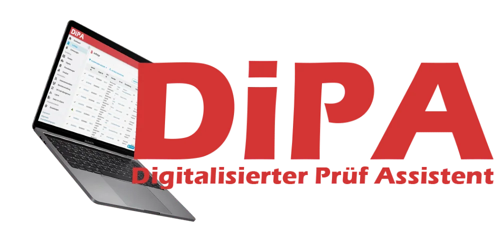 DiPA Logo in breiter Darstellung neben Macbook mit UVV-Pruefsoftware