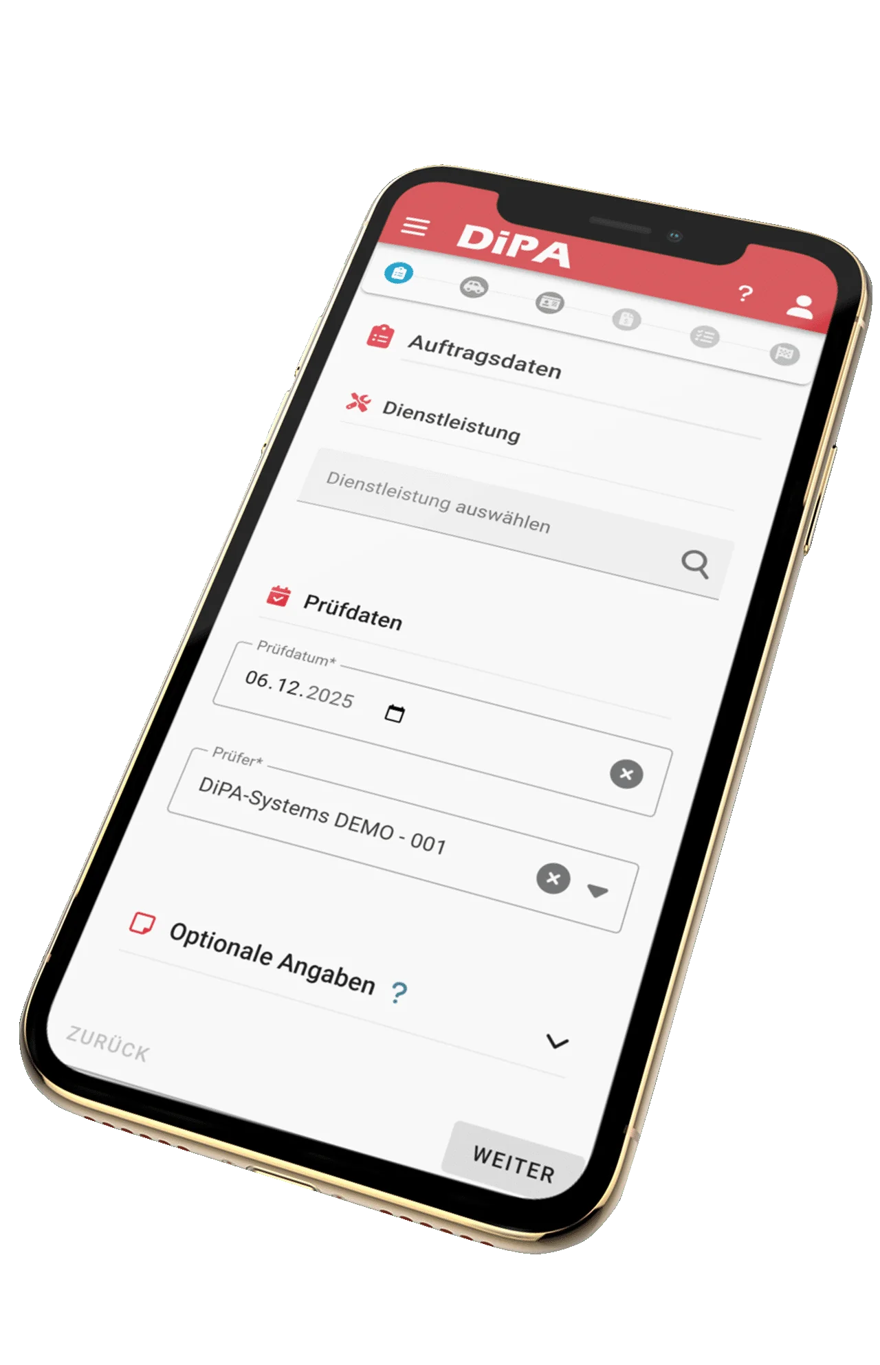 Smartphone mit DiPA Android-App: Eingabemaske einer UVV-Pruefung