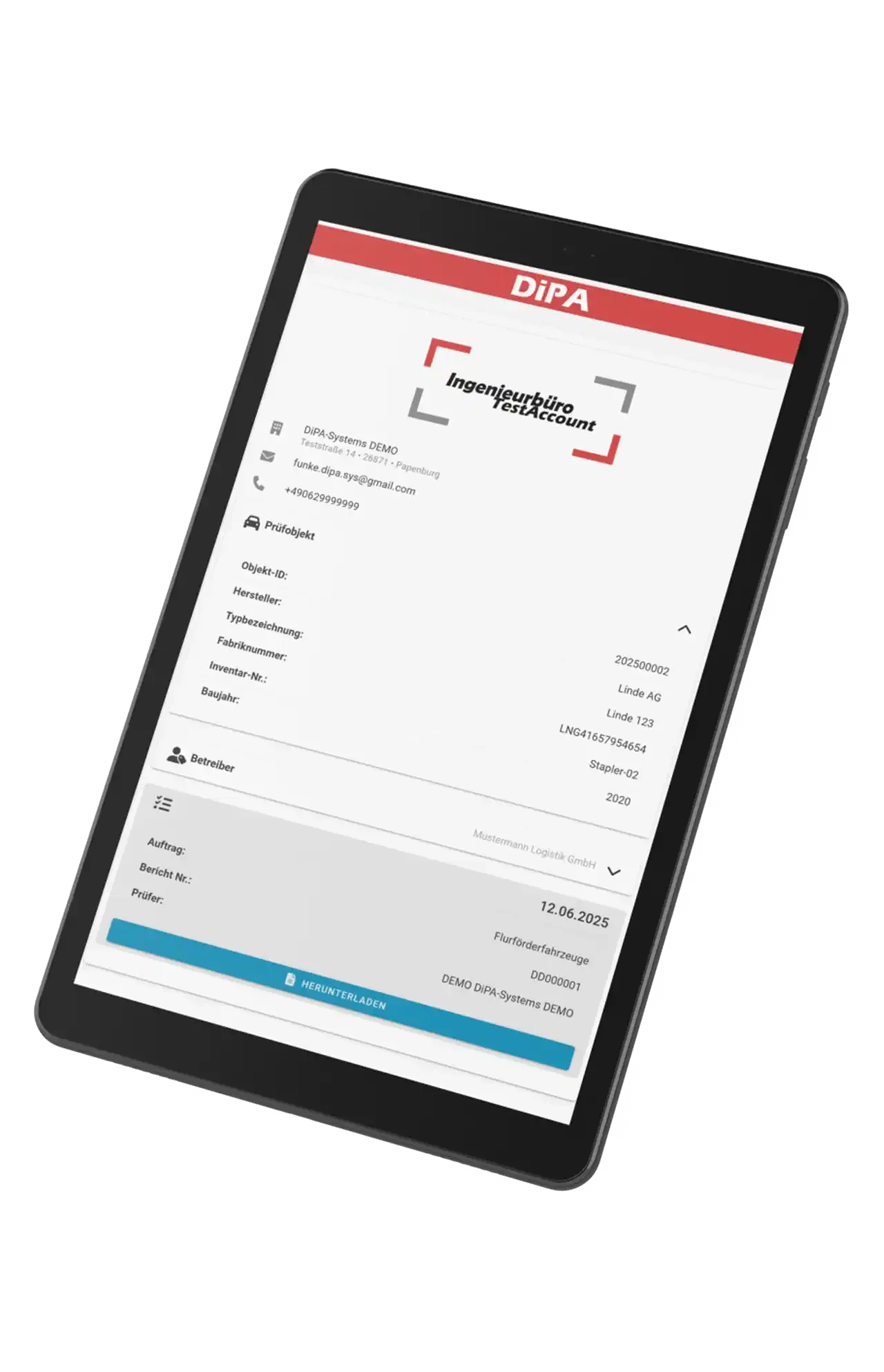 Tablet mit DiPA Webansicht: Detailseite eines Pruefobjekts