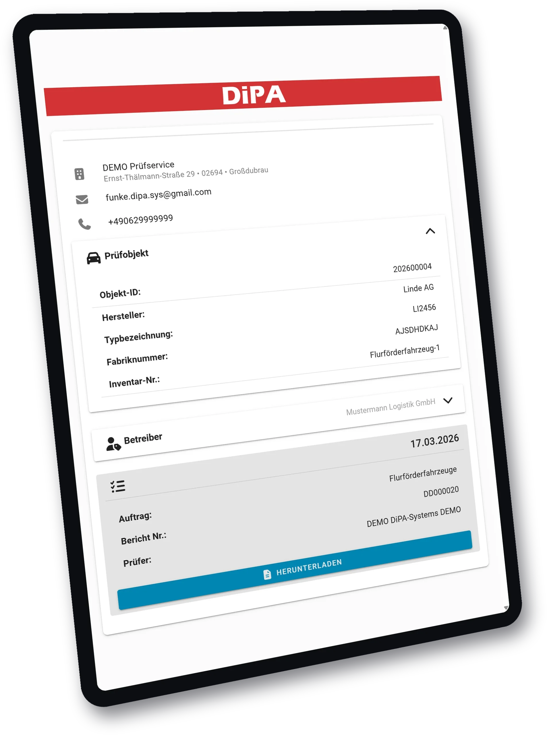 DiPA digitales Prüfbuch: Prüfobjekt-Detail mit Prüfbericht in der Webansicht auf dem Tablet