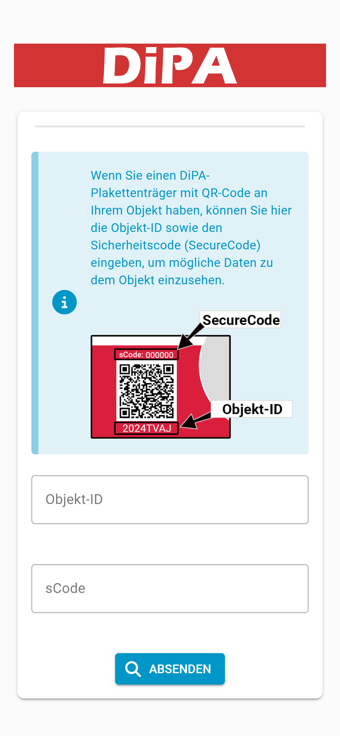 DiPA App: Objekt-ID und SecureCode eingeben, um das digitale Prüfbuch zu öffnen