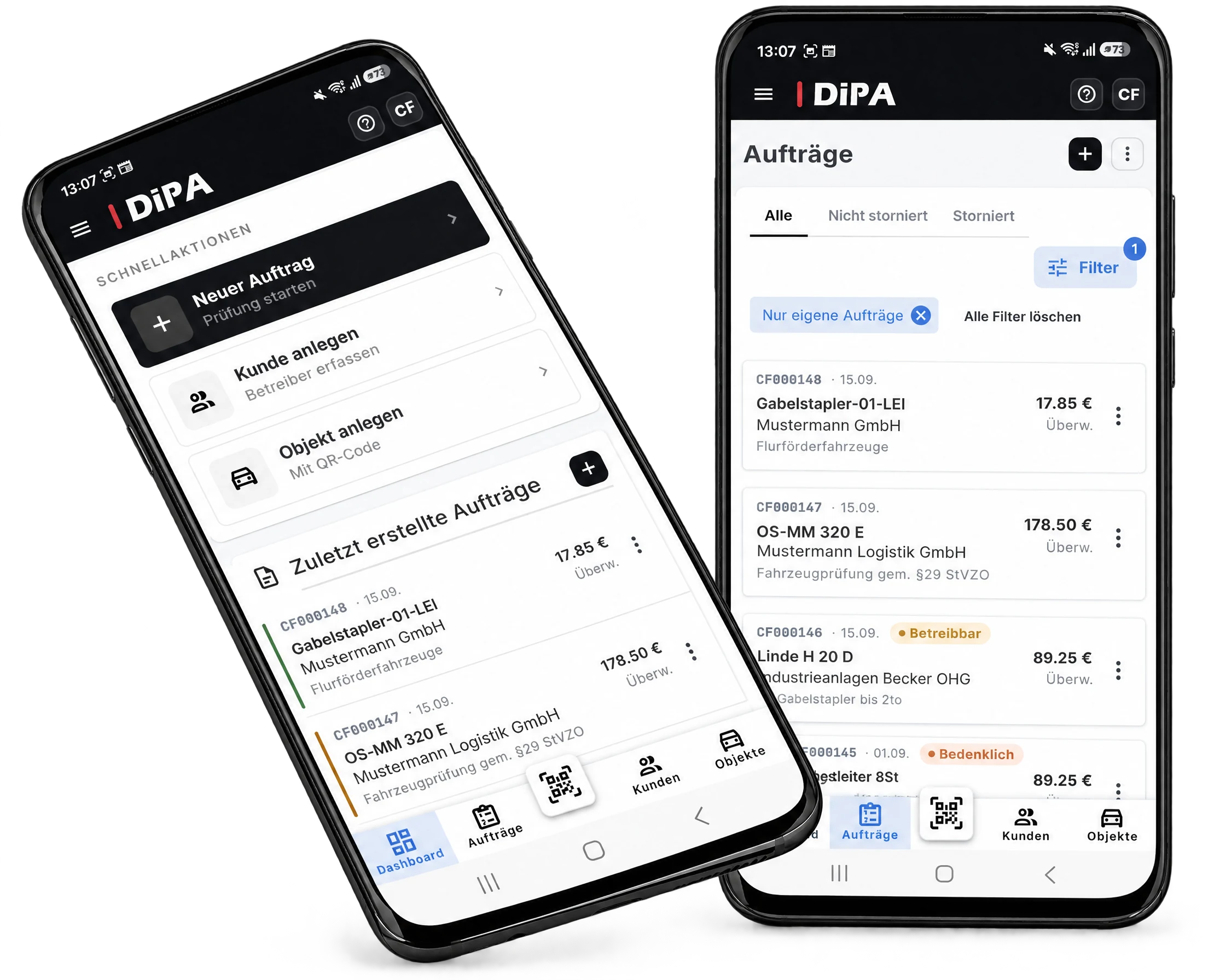 Zwei Smartphones mit der DiPA App: Dashboard mit Schnellaktionen und Auftragsliste