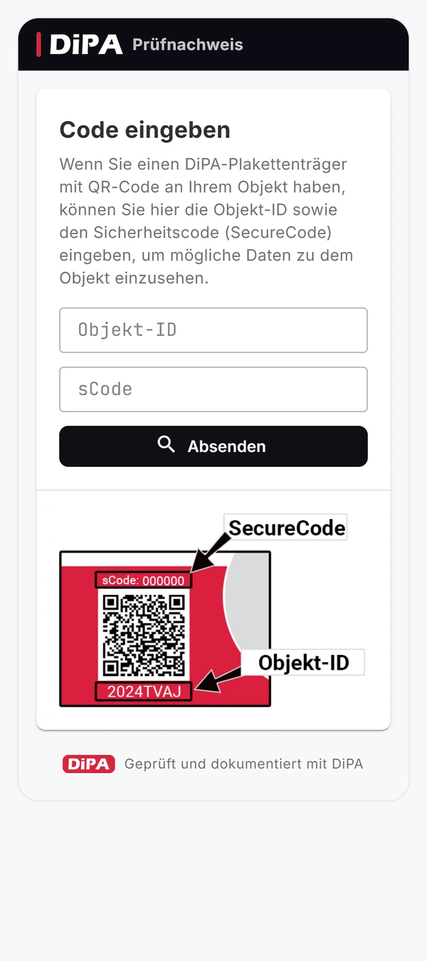 DiPA digitaler Prüfnachweis auf dem Smartphone: Eingabe von Objekt-ID und SecureCode vom QR-Plakettenträger