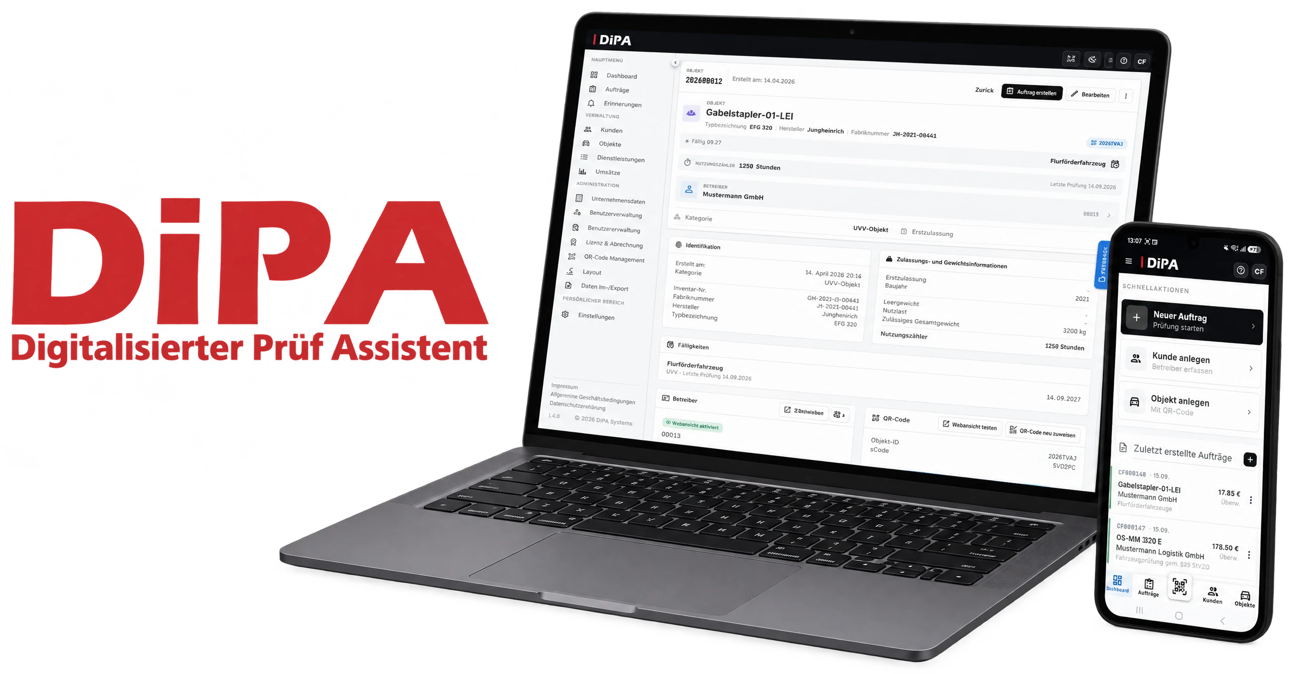 DiPA Logo „Digitalisierter Prüf Assistent“ neben Laptop mit Prüfobjekt-Detail und Smartphone mit der DiPA App