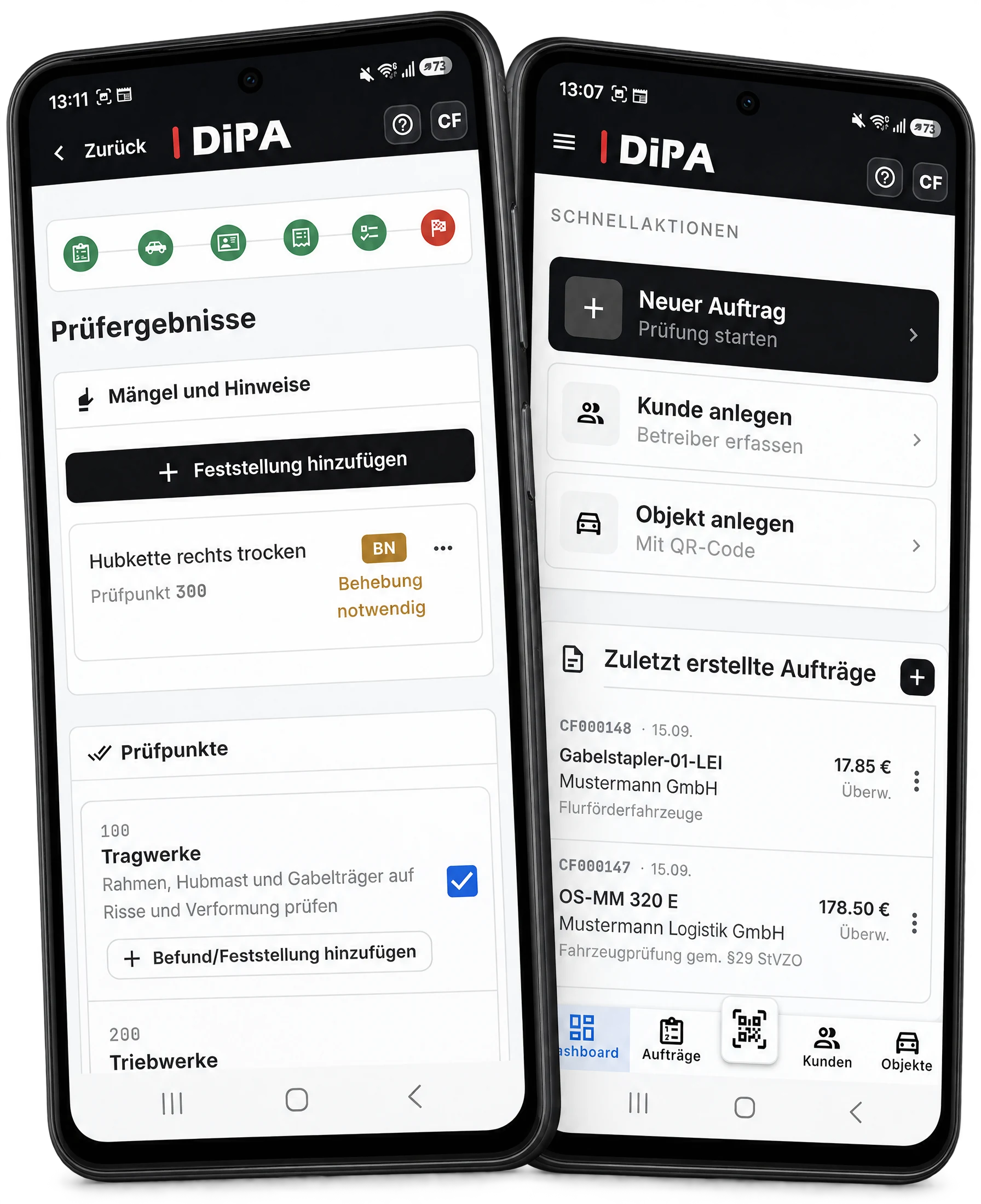 Zwei Smartphones mit der DiPA App: Prüfergebnisse mit Prüfpunkten und Feststellung sowie Dashboard mit Schnellaktionen und Aufträgen