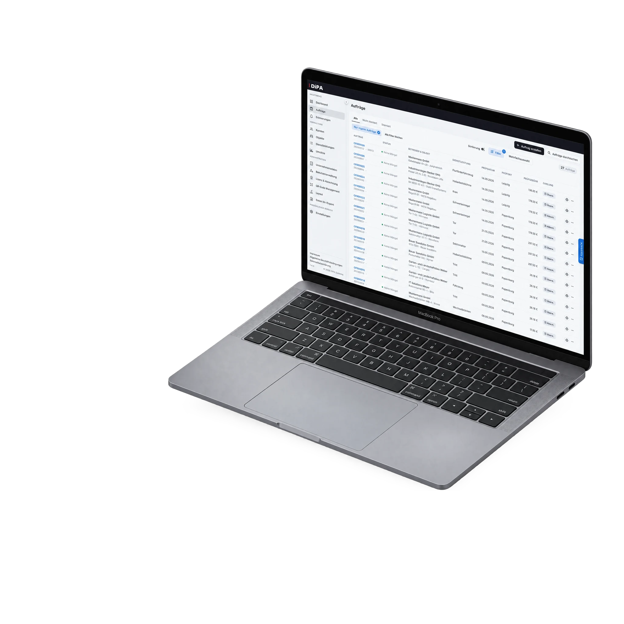 Aufgeklapptes MacBook mit der DiPA UVV-Prüfsoftware: Auftragsliste mit Prüfstatus, Betreiber, Objekt, Dienstleistung und Prüfdatum