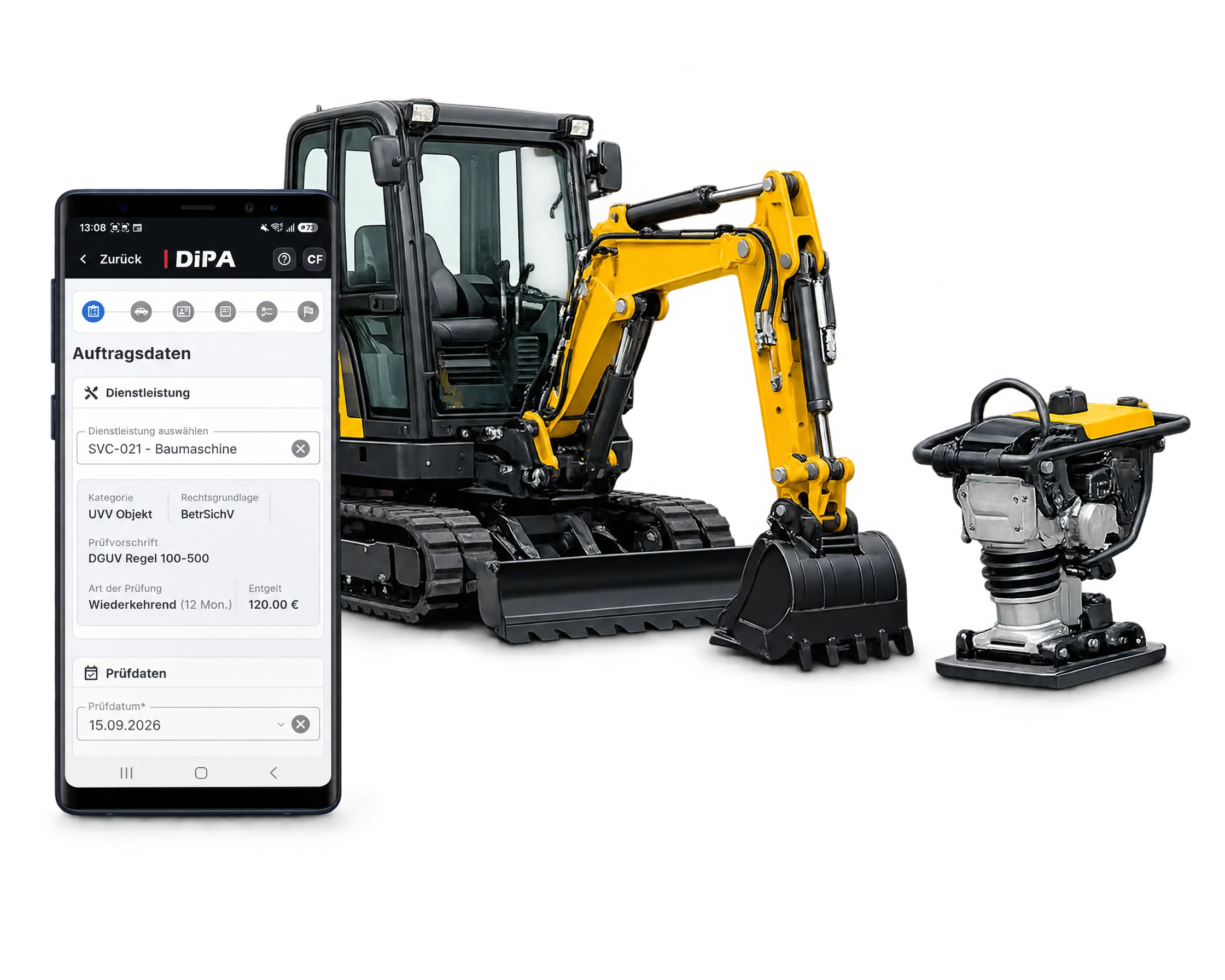 UVV Prüfung an Baumaschinen Minibagger und Rüttelplatte neben Smartphone mit der DiPA App: Auftragsdaten für die UVV-Prüfung an Baumaschinen nach DGUV Regel 100-500