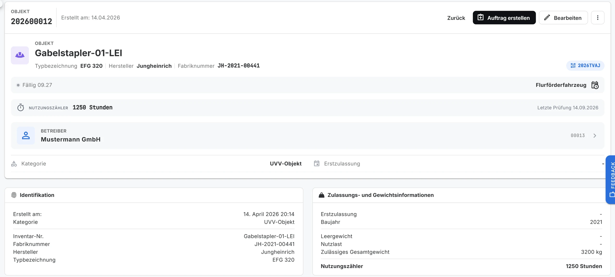 DiPA UVV-Prüfsoftware: Prüfobjekt Gabelstapler Jungheinrich EFG 320 mit Fälligkeit, Nutzungszähler, Betreiber, Identifikation und QR-Code-Kennung